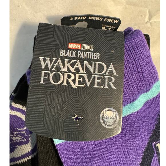 WAKANDA FOREVER 3 Pair of Crew Socks Purple Black Fits Shoe Size 8 - 12 - Picture 3 of 4